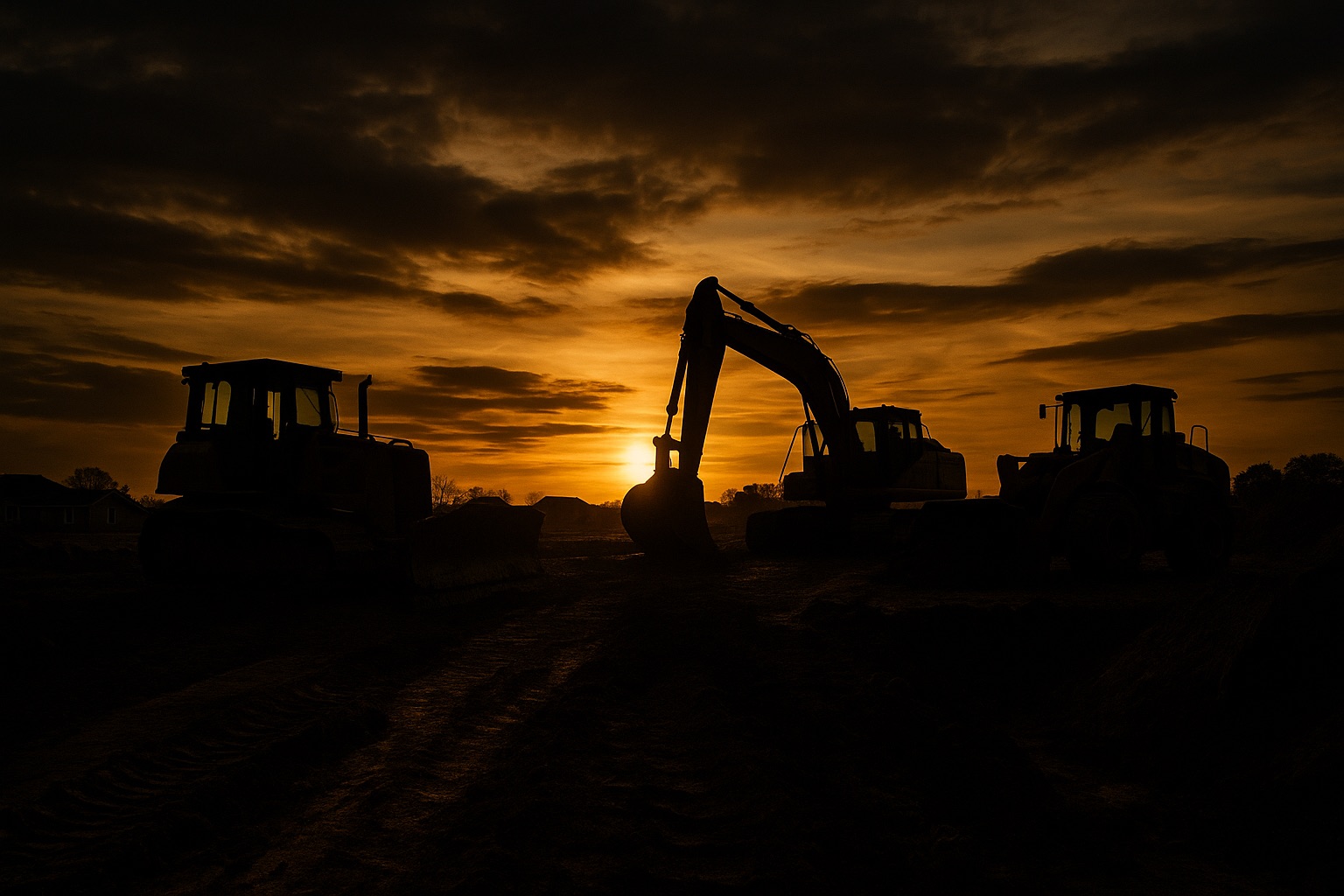 Excavation and grading job site at dusk