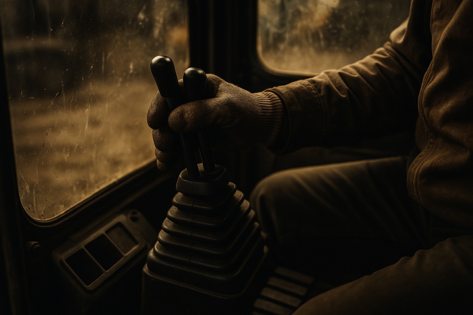 Contractor operating excavator controls